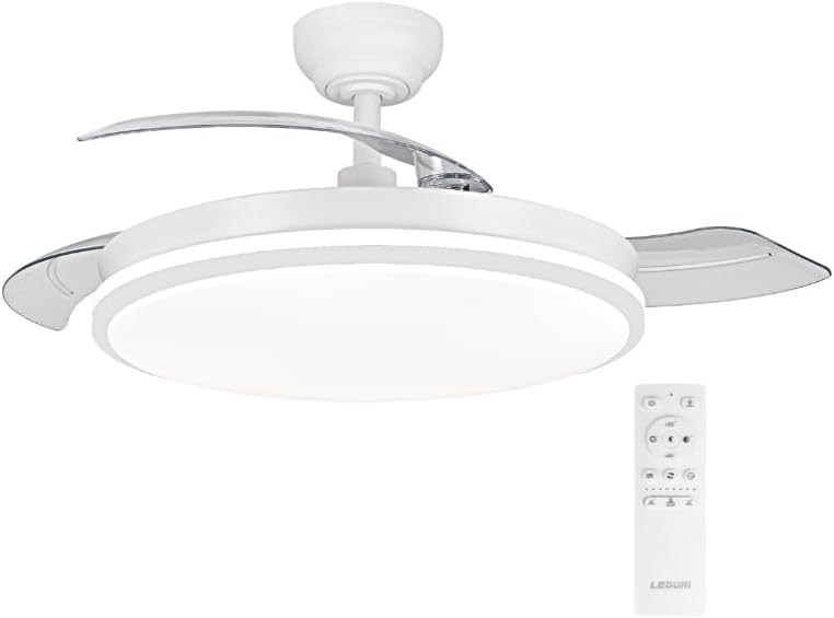 Ventilador de techo LEDUNI con luz LED y mando, 4 aspas retráctiles, Motor DC 30W