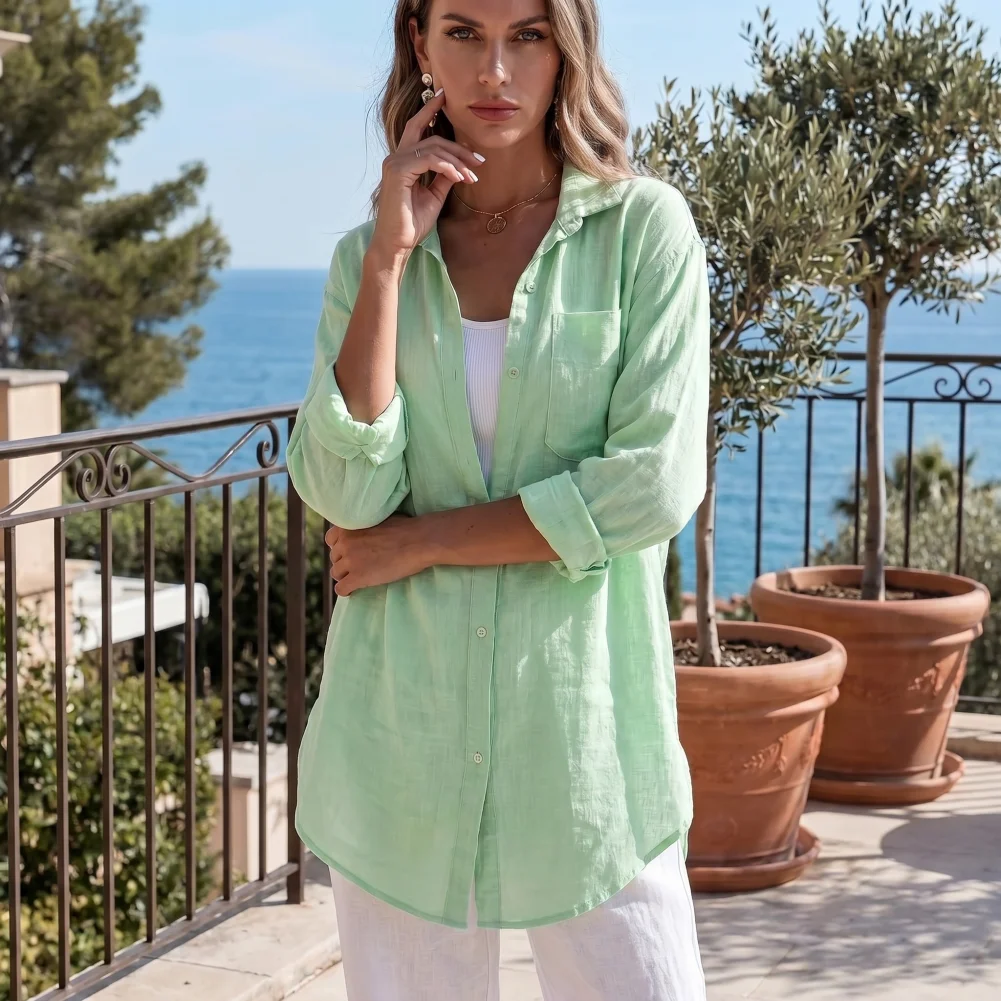 Midi Length Shirt Women’s Lapel Shirt with Patch Pocket Long Sleeve Button Placket Blouse Loose Fit Mid-length Workwear Top
