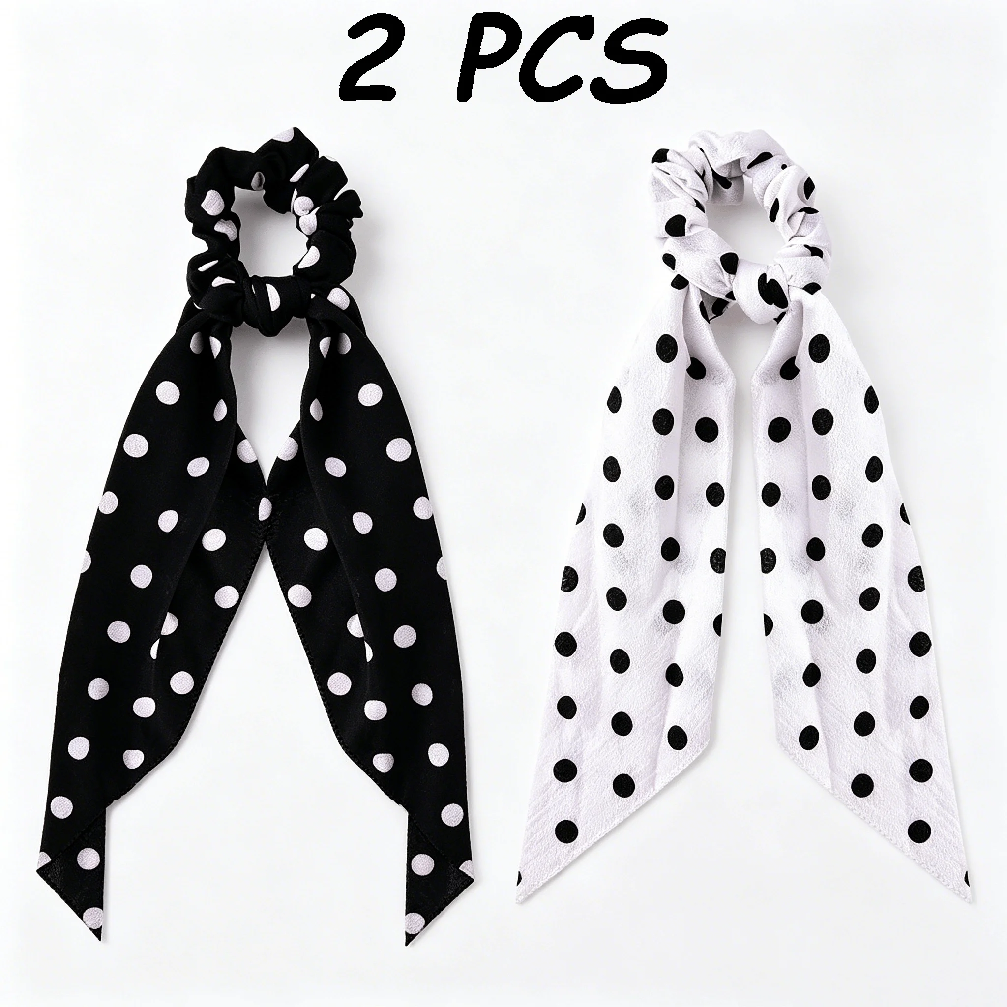 Polka Dot Hair Scrunchies for Women Girl Bowknot Ponytail Holder Stretchy Long Tail Hair Accessory Elastic Hair Band Tie Black White Polka Dot Chiffon Hairband Rubber Band Accessories 2 Pcs