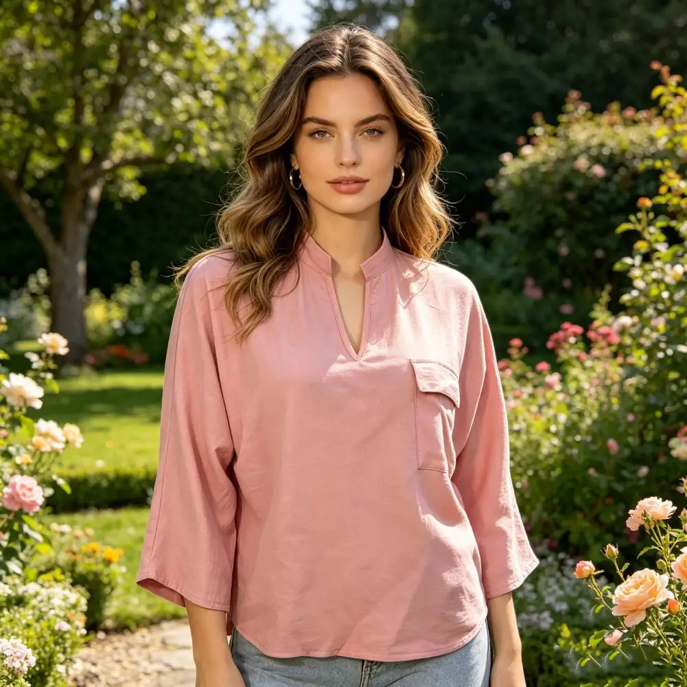 Lightweight Women Shirt V-neck Half Sleeve Casual Blouse with Flap Pocket Loose Fit Skin-friendly Breathable Summer Shirt