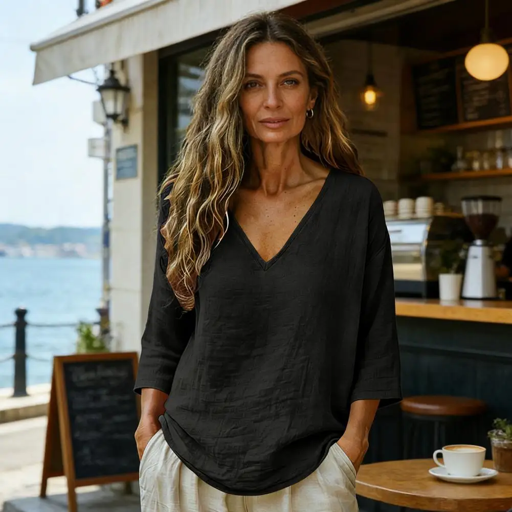 Women's Casual V Neck Pullover Blouse Long Sleeve Patchwork Chic Top Spring Autumn Solid Loose Simple Ladies Shirts Fashion 2025
