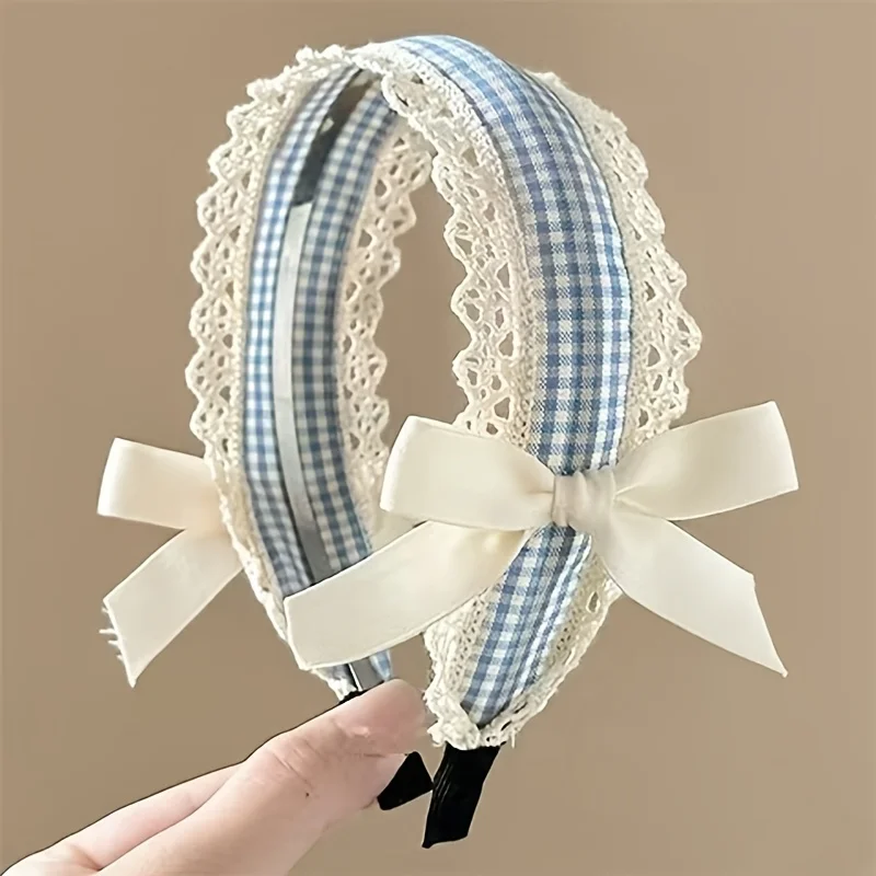 blue and white plaid lace bow headband, retro Lolita style wide edge headband, high cranial top non-slip hair accessories, girly heart sweet headgear (striped plaid random)