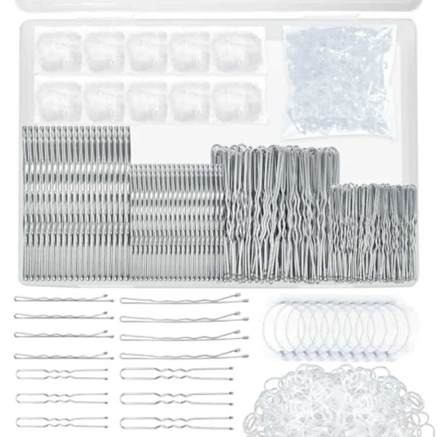 510PCS Bobby Pins Hair Pins Kit with Hair Net, Includes 100 Bobby Pins for Women, 100 U-Shaped Buns Hair Clips, 300 Hair Bands
