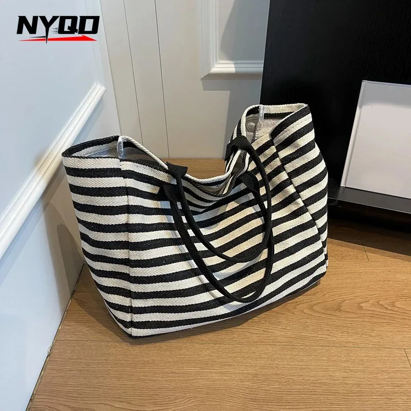 Casual Striped Canvas Bag For Women Large Capacity Shoulder Bag Tote Handbag Shopping Shoulder Bags ﻿Bookbag Travel Beach Bag