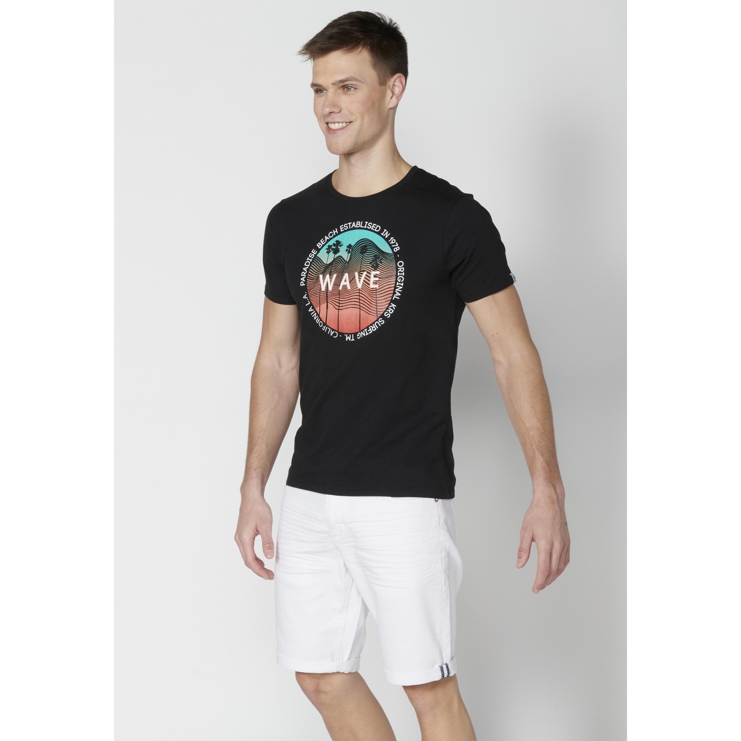 Koroshi - Camiseta hombre manga corta cuello redondo 100% algodón con estampado surfero 'Wave - Paradise Beach' negro