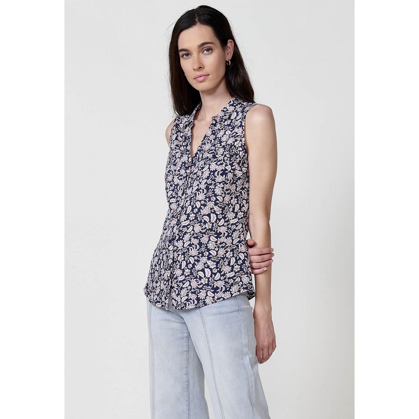 Koroshi - Blusa sin mangas mujer con cuello camisero y estampado cachemir damasco en viscosa fluida para oficina y entretiempo