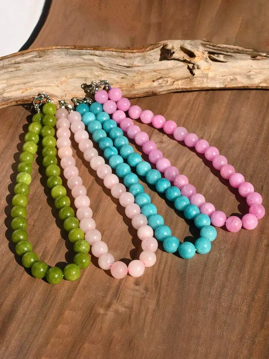 1/4pcs 12mm Natural Stone Beaded Necklace, Fashion Dopamine Color Retro Exaggerated Choker, Natural Crystal Aquamarine Peridot N