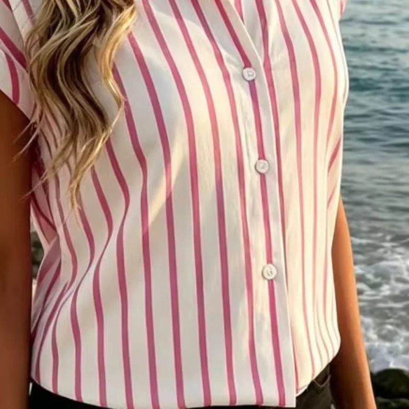 Stretchy Women Shirt Drop Shoulder Short Sleeves Striped Print Summer Shirt Loose Fit Soft Stretchy Tops Daily Wear