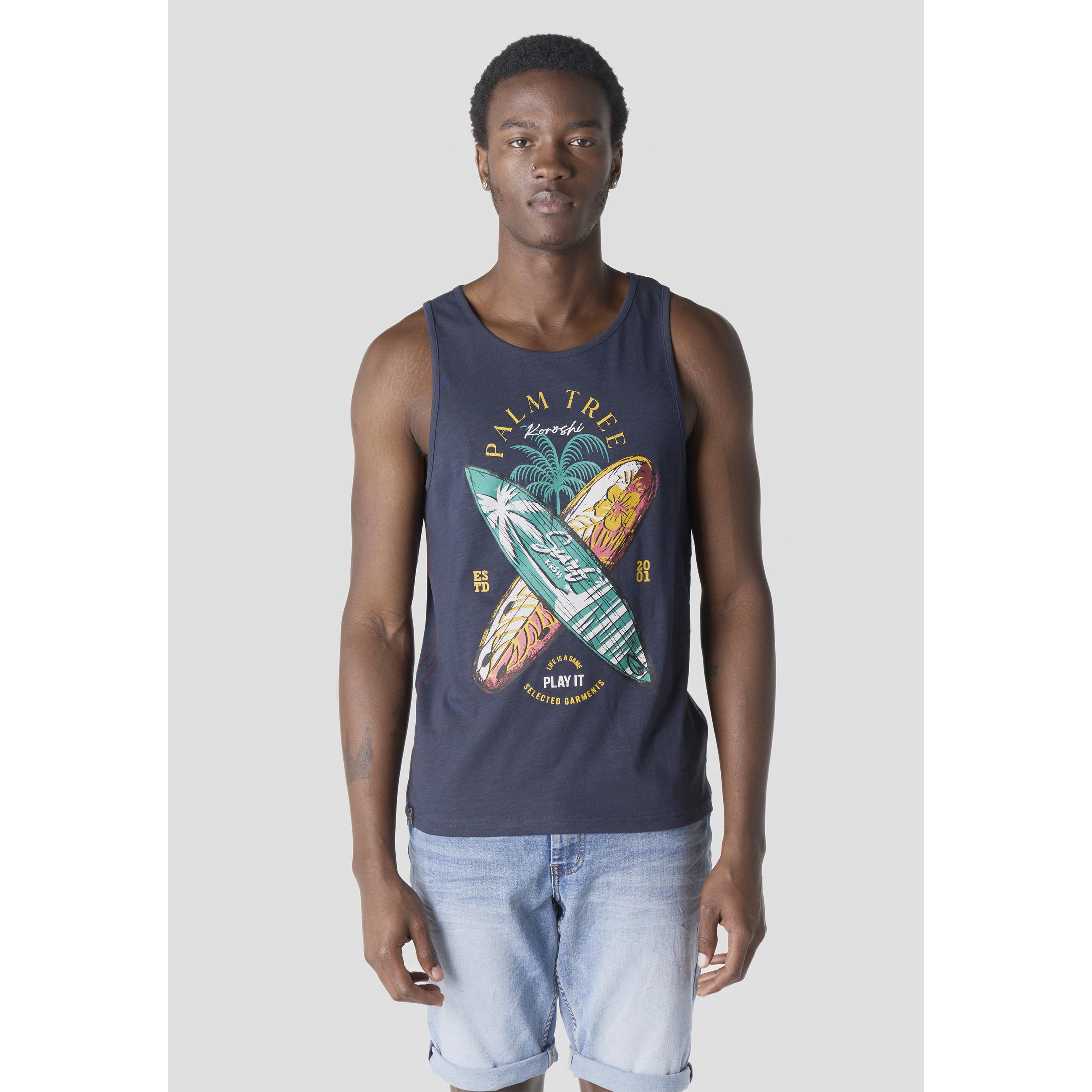 Koroshi - Camiseta de tirantes para hombre con estampado PALM TREE surf, 100% algodón suave y transpirable en tono navy, ideal para verano y street style