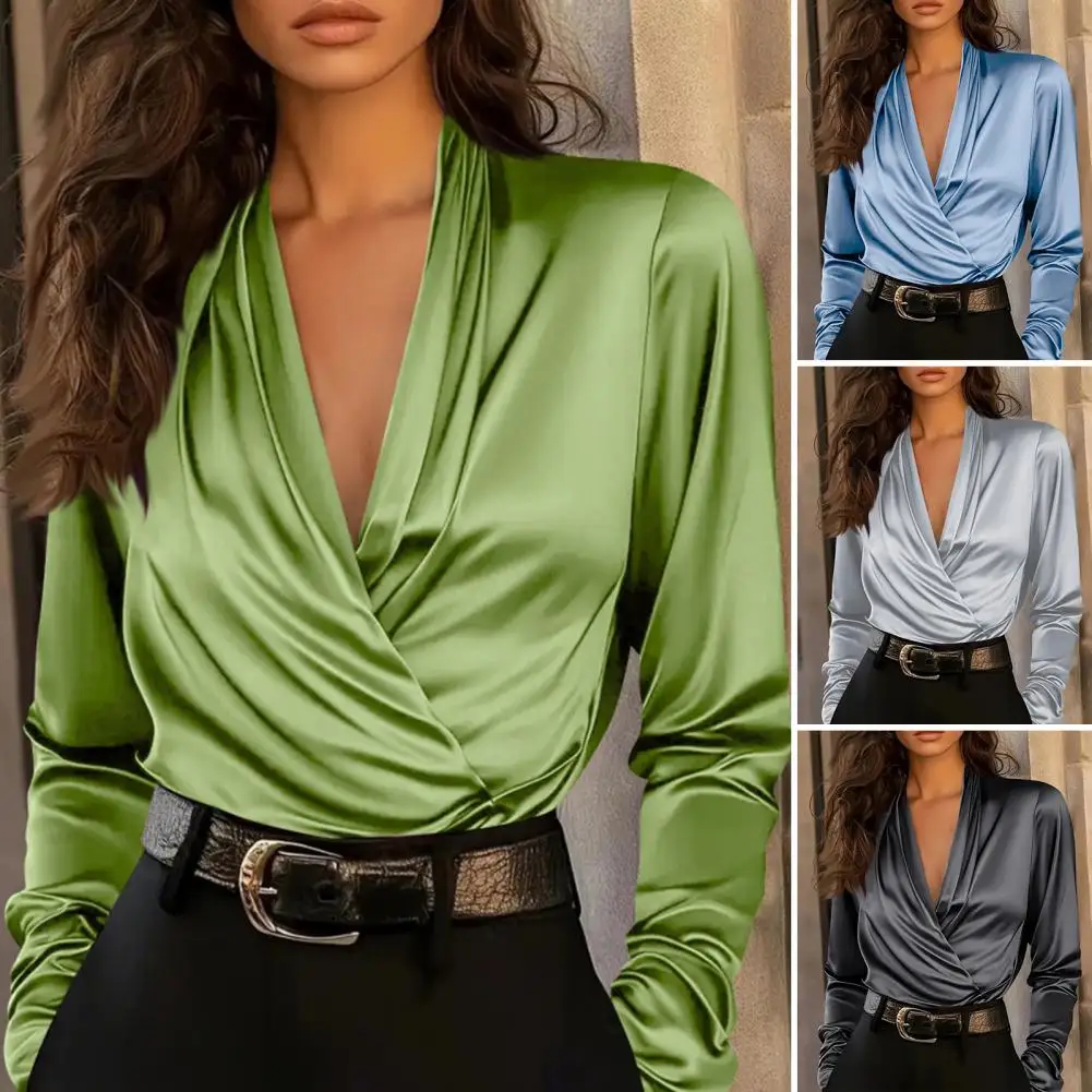 Autumn Temperament Simple Commuting Women's Shirt Fashionable Elegant Solid Color V-neck Long Sleeve Women T-shirts White Tee