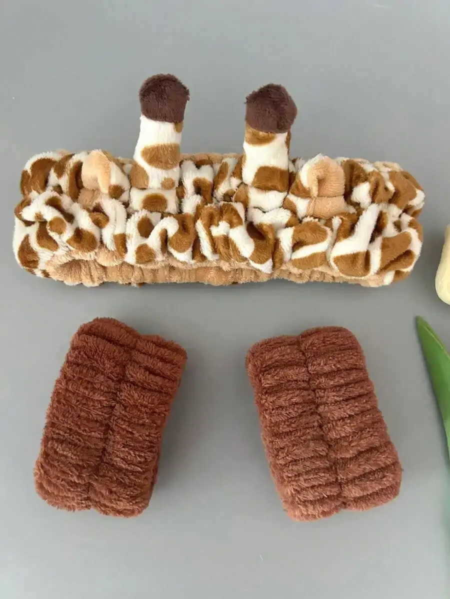 3pcs/Set Cute Giraffe Headband, Plush Facial Cleansing Wristband And Headscarf Home Bathroom Decor Fall Decor Back To School