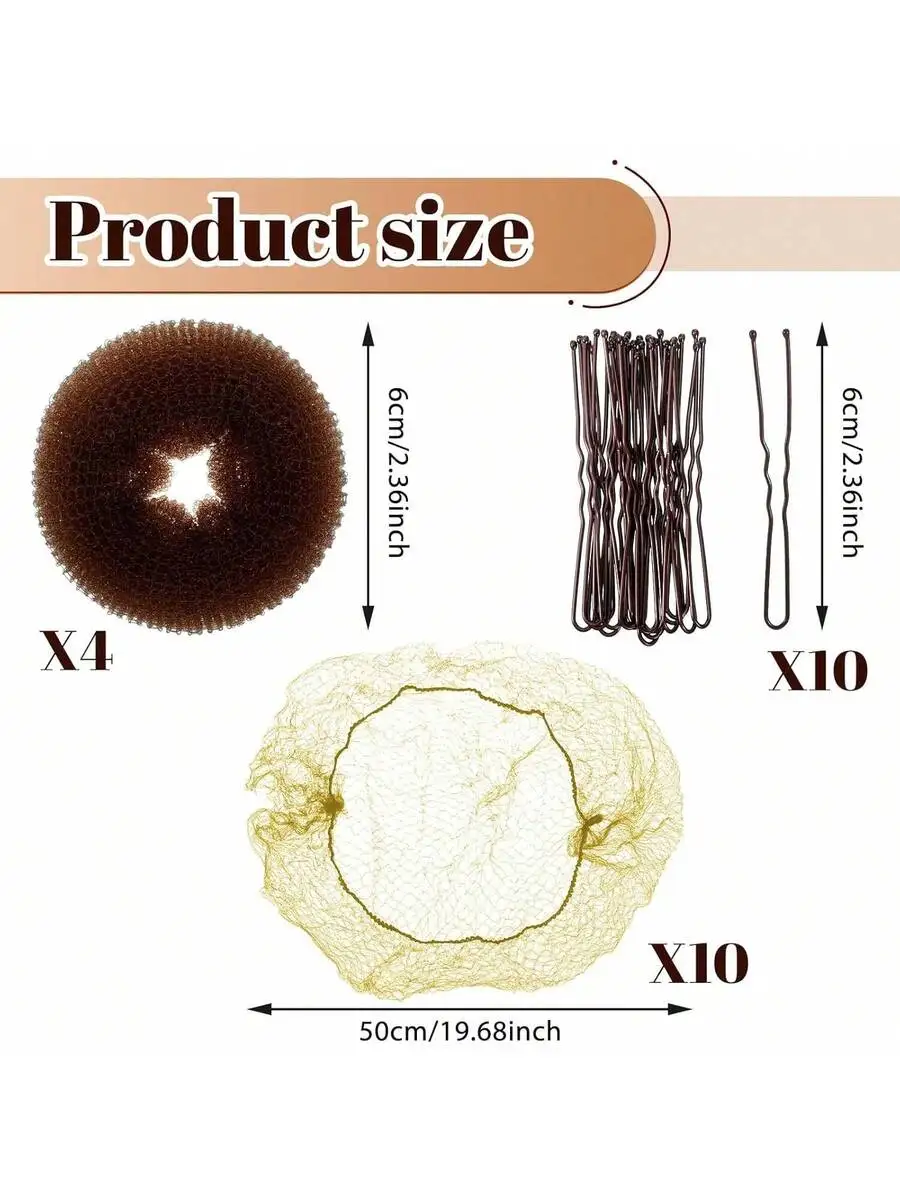 Hair Bun Maker Set With 4 Donut Shapers 10 Invisible Nets And 10 Hair Pins For Women