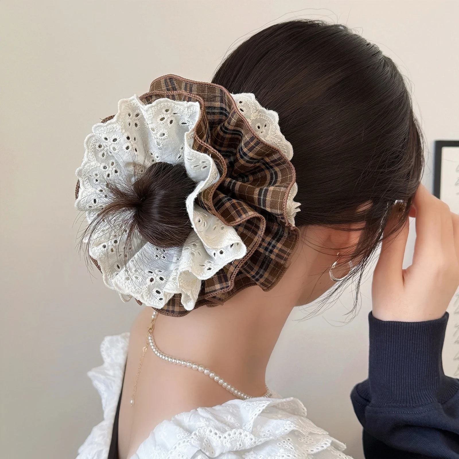 1PC Vintage Plaid Ruffled Lace Hair Scrunchie For Women Elegant Bowknot Ponytail Holder Sweet Hair Accessory