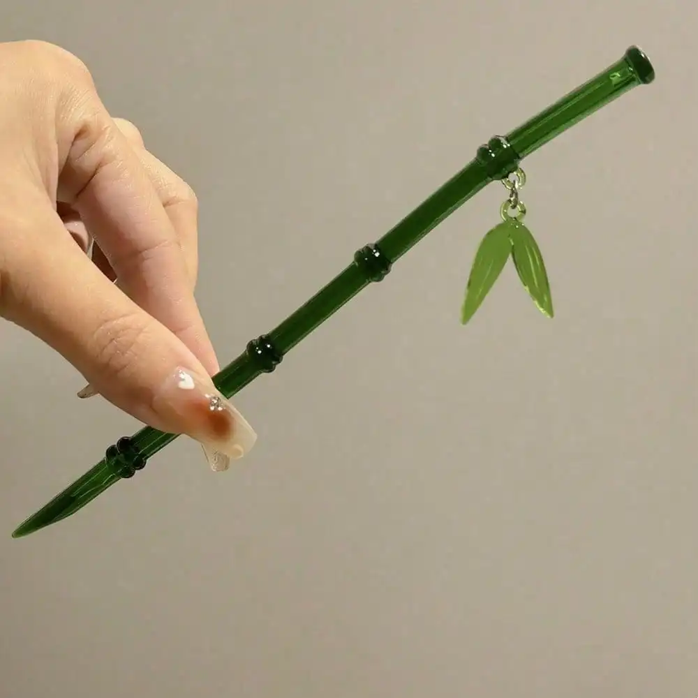 Green Bamboo Shaped Hair Stick with Leaf Pendant Elegant Hanfu Accessory