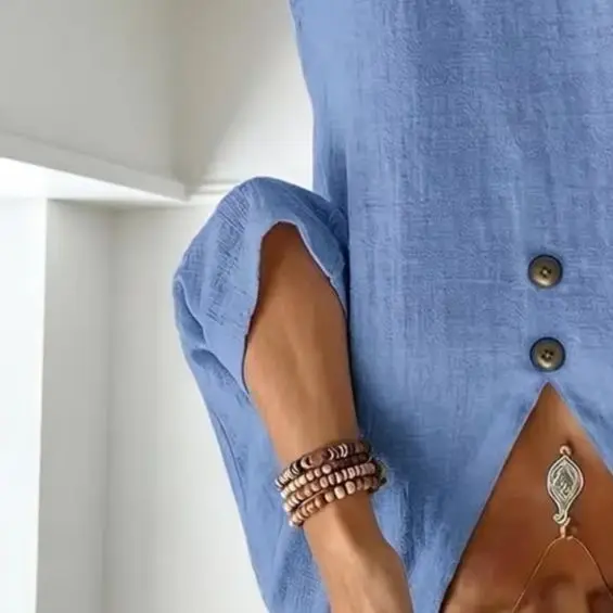 Women's Linen Blend V-Neck Blouse Half Sleeve Button Casual Loose T-Shirt for Summer