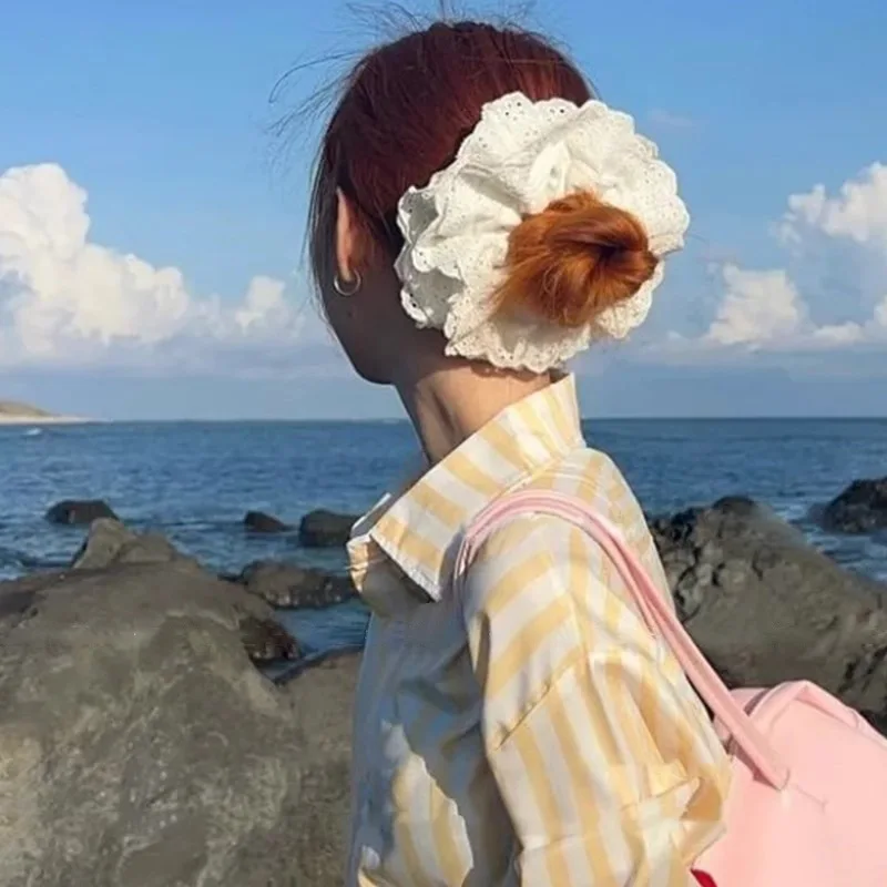 Women's Scrunchies Korean Super Large White Lace Band French Vintage Lace Tie Head Rope Sweet Style Nice Large Hair Band Leather