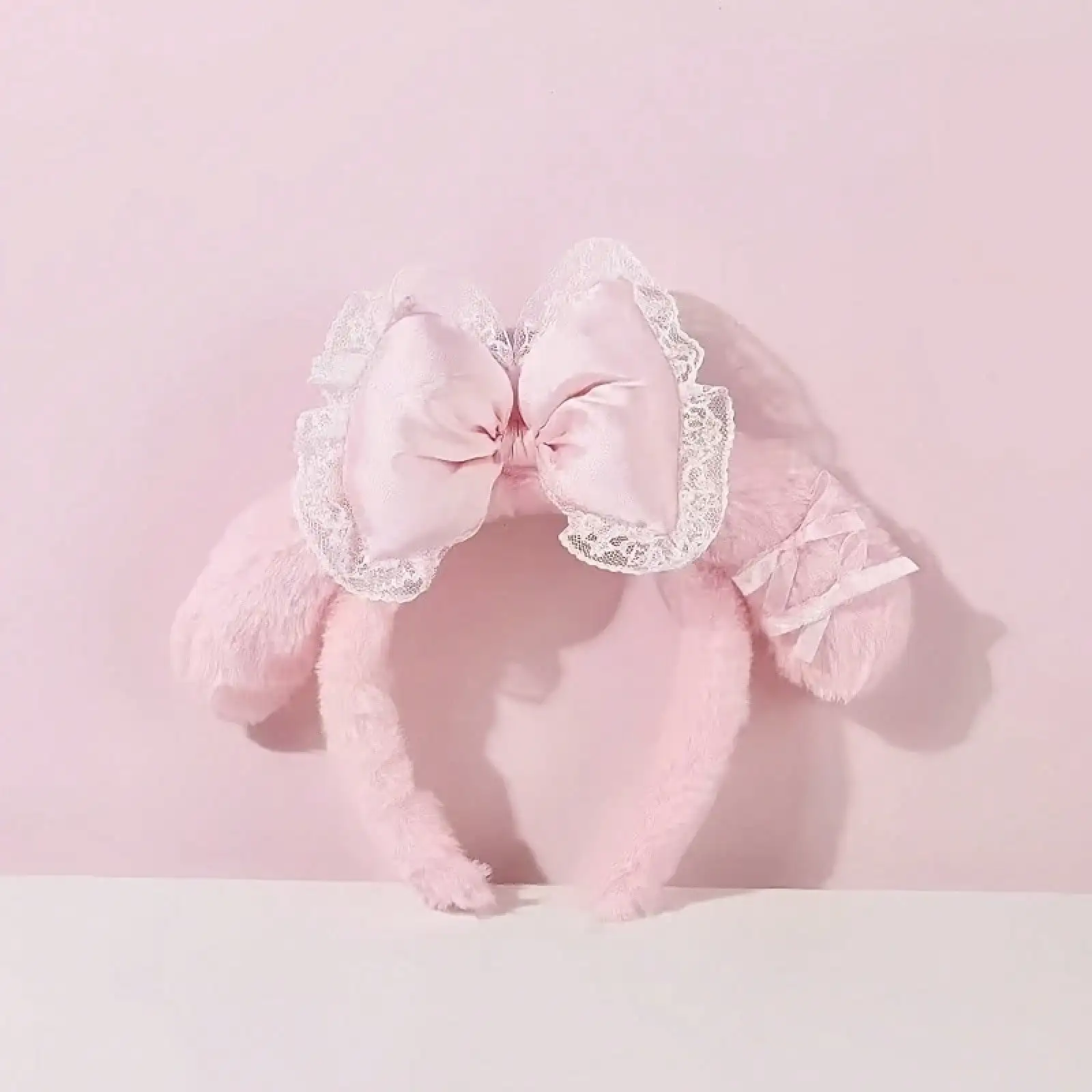 Cute Cartoon Pink Bow Headband With Plush Ears Hair Accessory