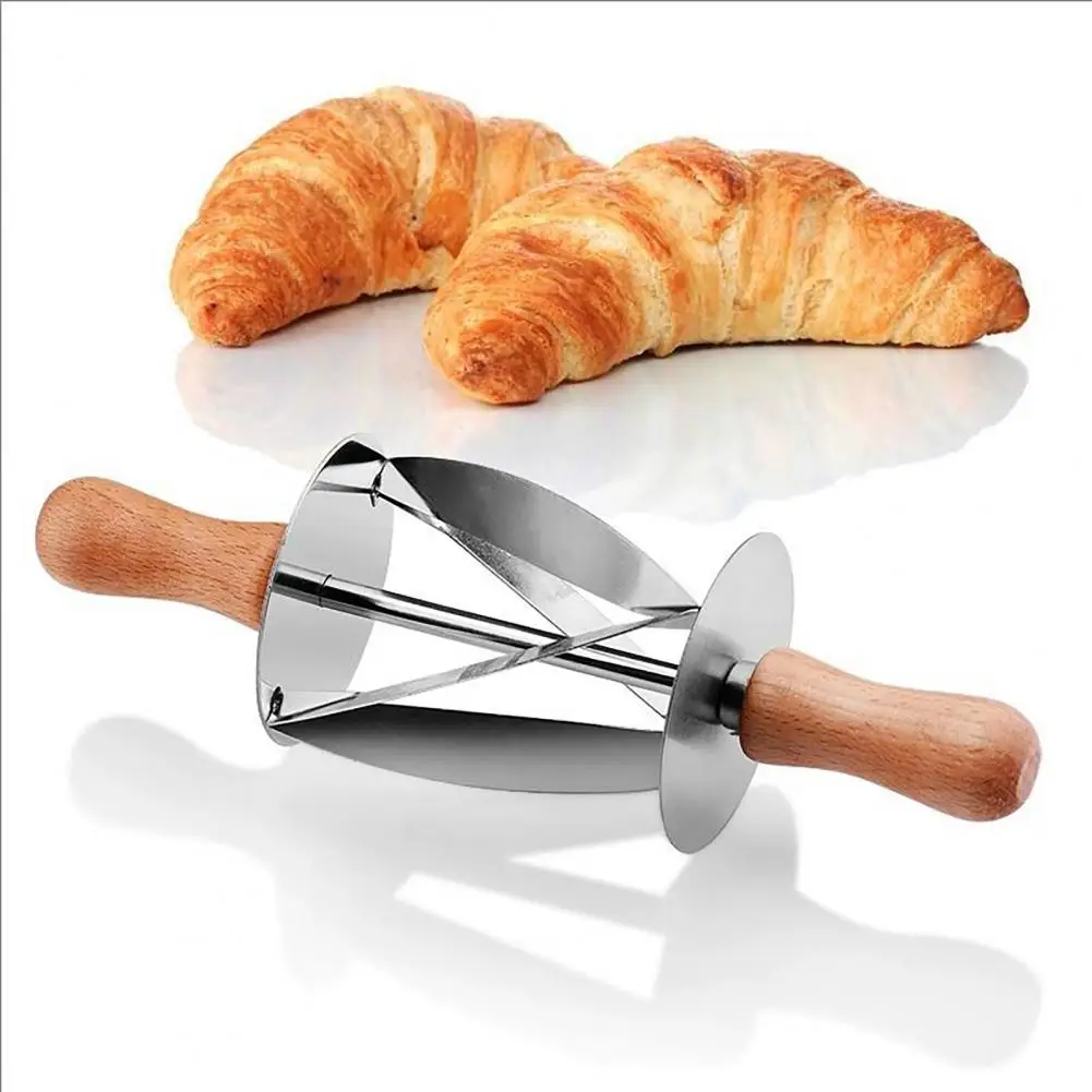 Croissant Slicer Stainless Steel Croissant Cutter Roller with Wooden Handle Pastry Dough Scraper Triangle Bread Scoring Pizza