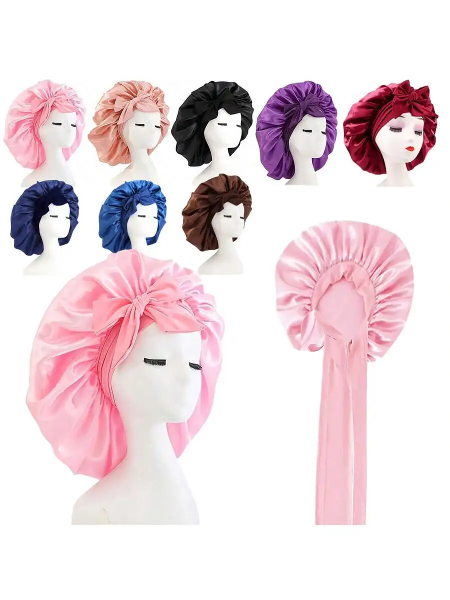 Silk Satin Sleep Bonnet Hair Cap For Women With Bow Knot