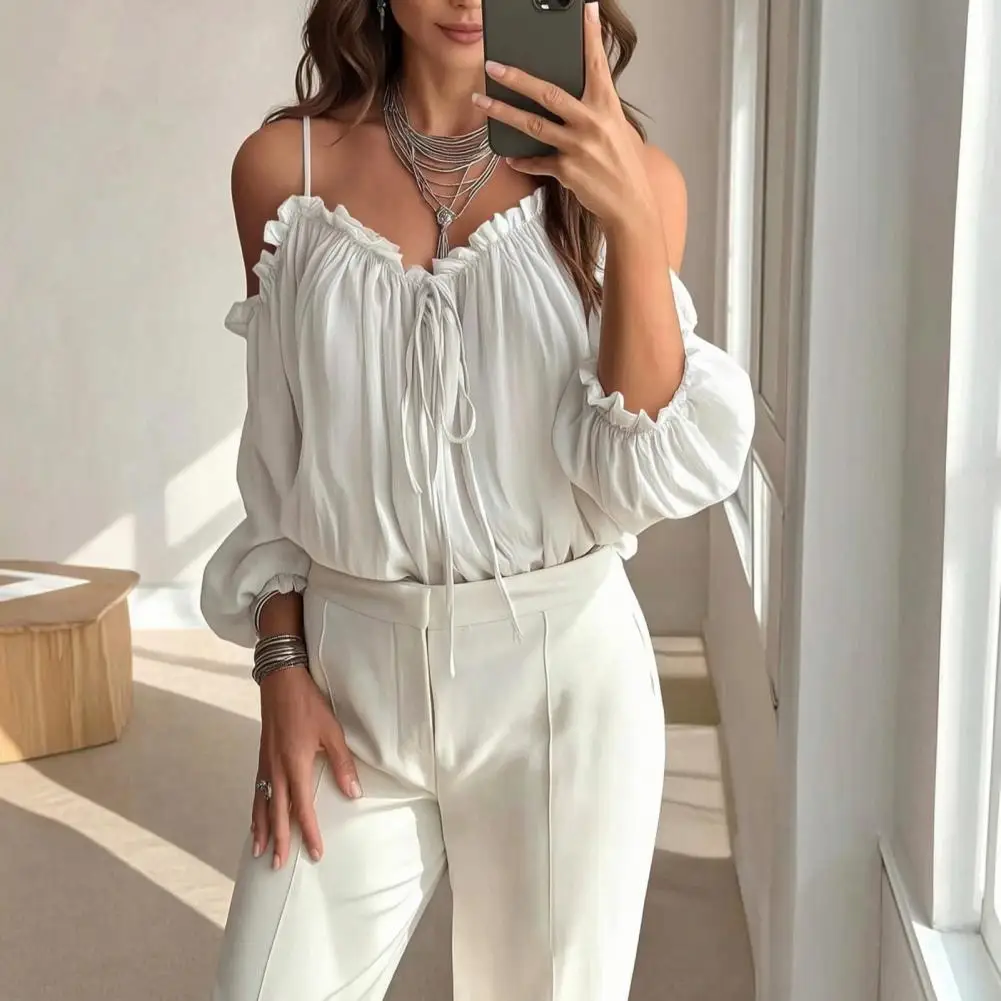 Loose Fit Puff Long Sleeve Shirt, Comfortable Loose Cut Tops Pure Color Casual Blouse for Work Parties Vacations Home Dates