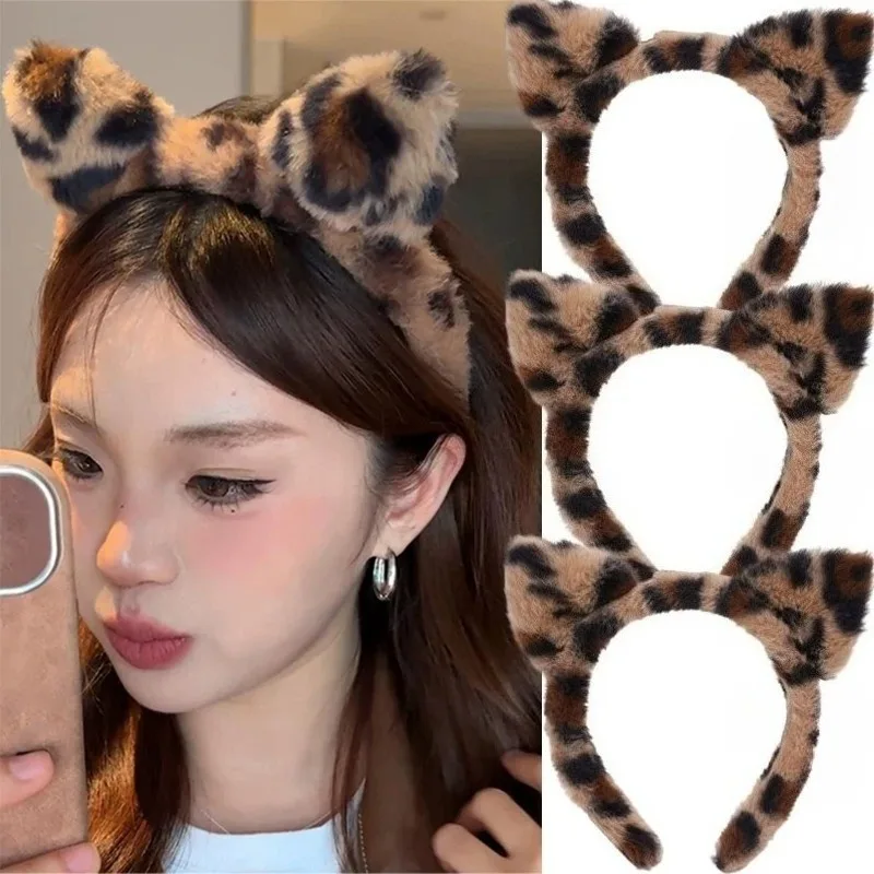 Leopard Print Cat Ear Hair Hoops Kawaii Adjustable Headband Soft Hair Band Accessories for Women Girls Party Cosplay Headwear