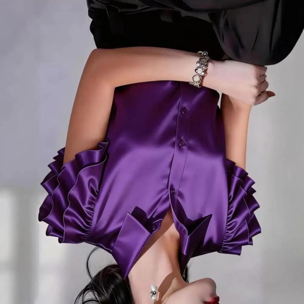Women Shirt Soft Fabric Short Sleeve Single Breasted Shirt Tops Pure Color Summer Smooth Satin Shirt Tops Daily Wear