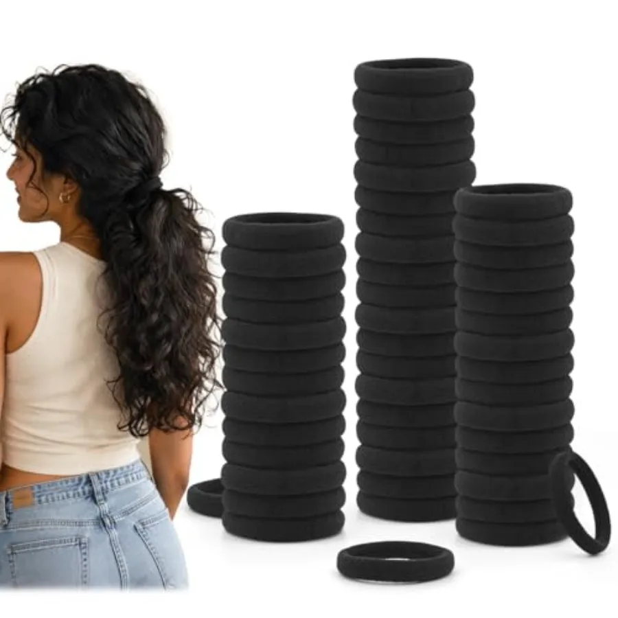 Soft Stretch Black Hair Ties for Thick Hair, Ouchless No Damage Ponytail Holders, Gentle on Hair, Elastic Hair Bands for Women