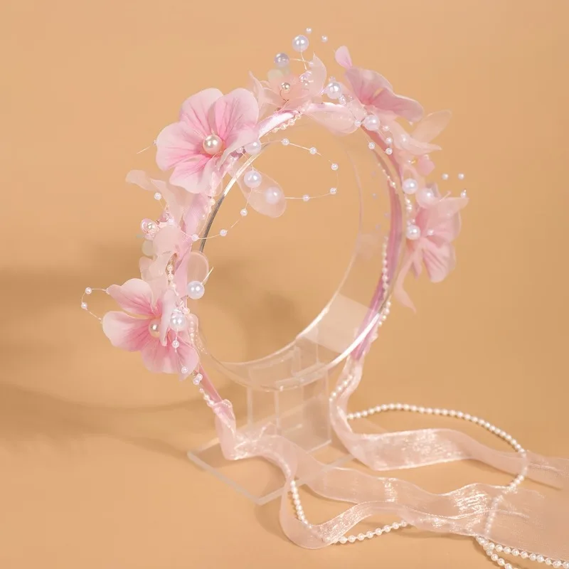 1 European and American bride super fairy anti-pearl beaded flower headband with bridal veil headband exquisite elegance and sweetness pearl women's dress hair accessories