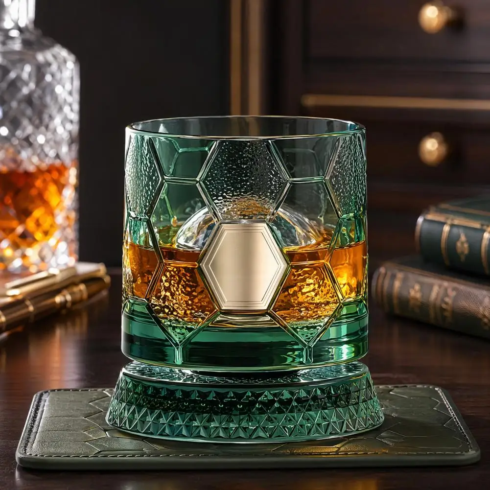 Glass Whiskey Tumbler Spinning Whiskey Glass 360° Rotating Football Tumbler 245ml Bourbon Drinking Glass for Home Bar for Men