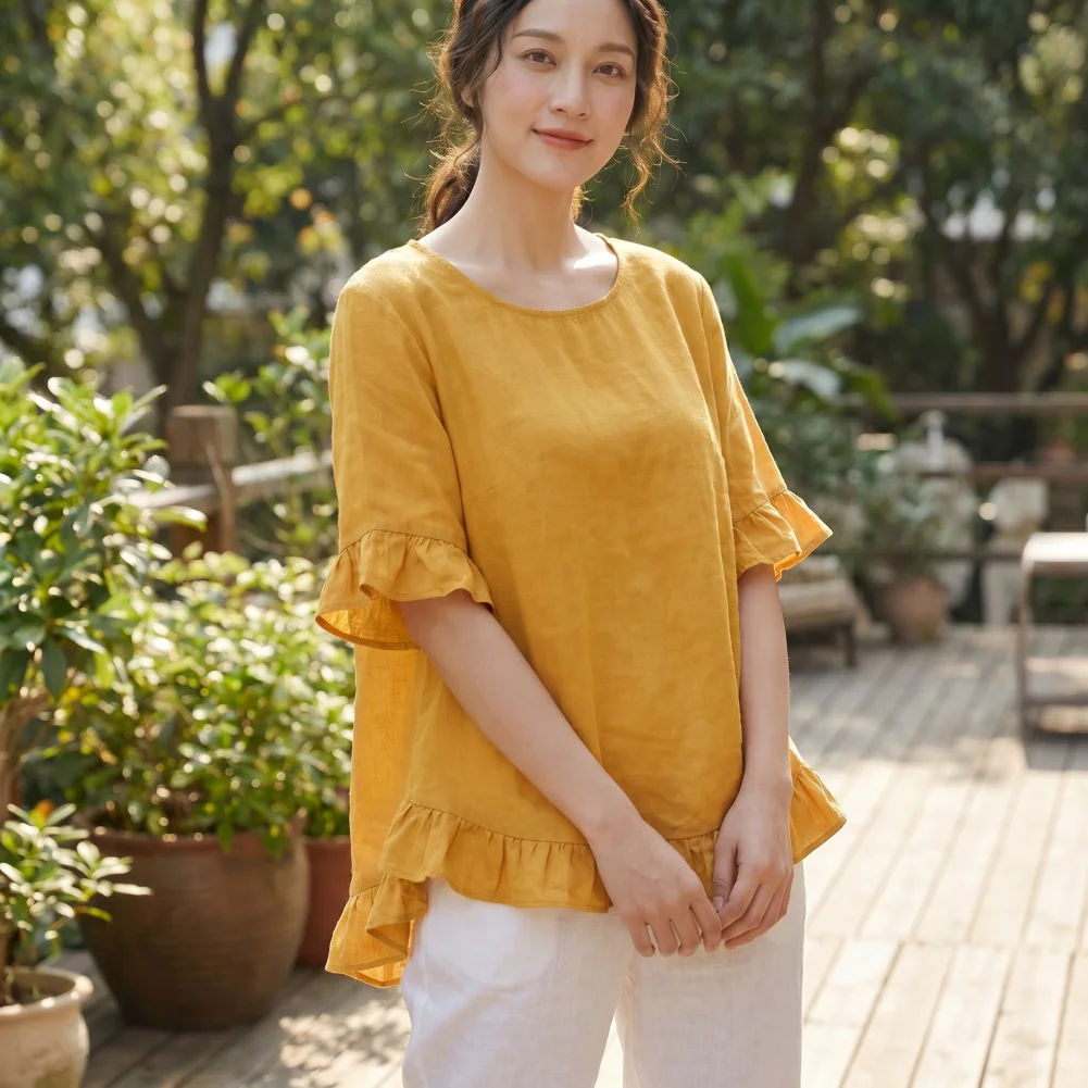 Women Round Neck Top Women’s Round Neck Blouse Short Sleeve Top Loose Fit Pullover with Ruffle Hem Cuffed Sleeves for Wear