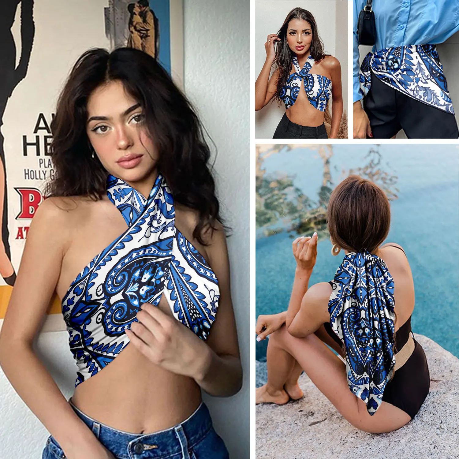 0383 women's floral satin square scarf - soft silk-feel headscarf, multi-purpose neckerchief, head wrap