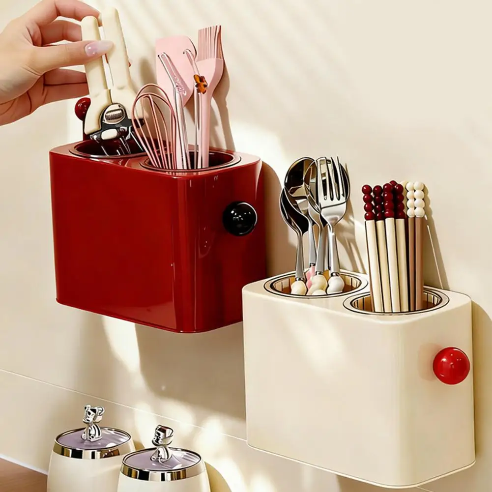 Chopsticks Storage Box Wall Mounted Storage Box Organizer Double-compartment Kitchen Tableware Holder Space-saving for Utensils