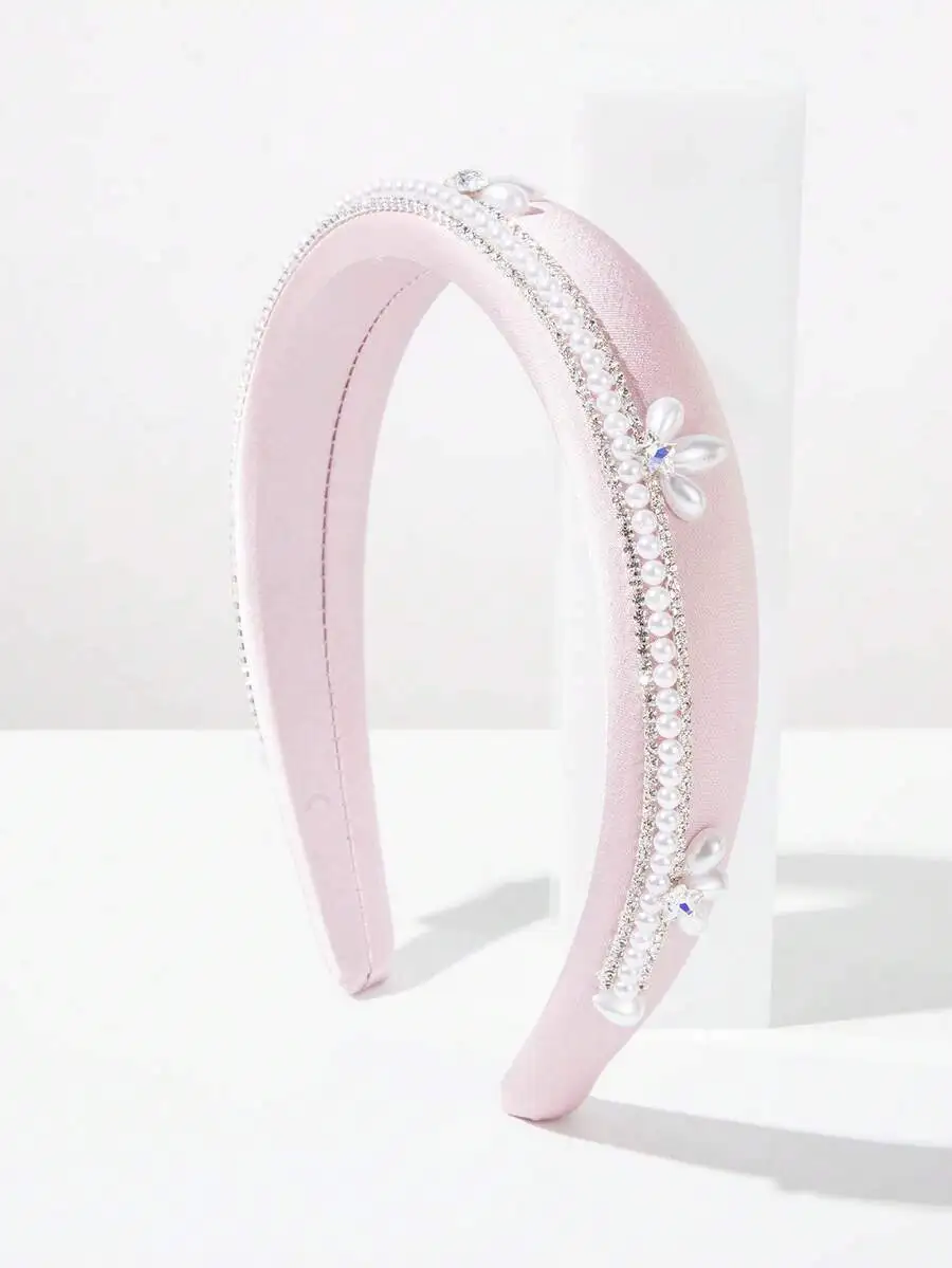Vintage Style Pearl And Crystal Embellished Satin Wide Headband For Women Party Banquet Accessory