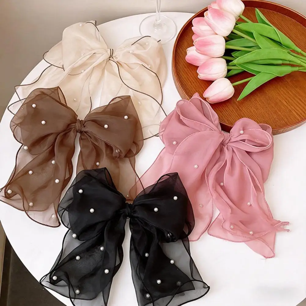 Fashion Ribbon Pearl Bow Hair Clips For Women Elegant Chiffon Bowknot Ponytail Clip Pin Bows Barrette Sweet Headwear Accessories