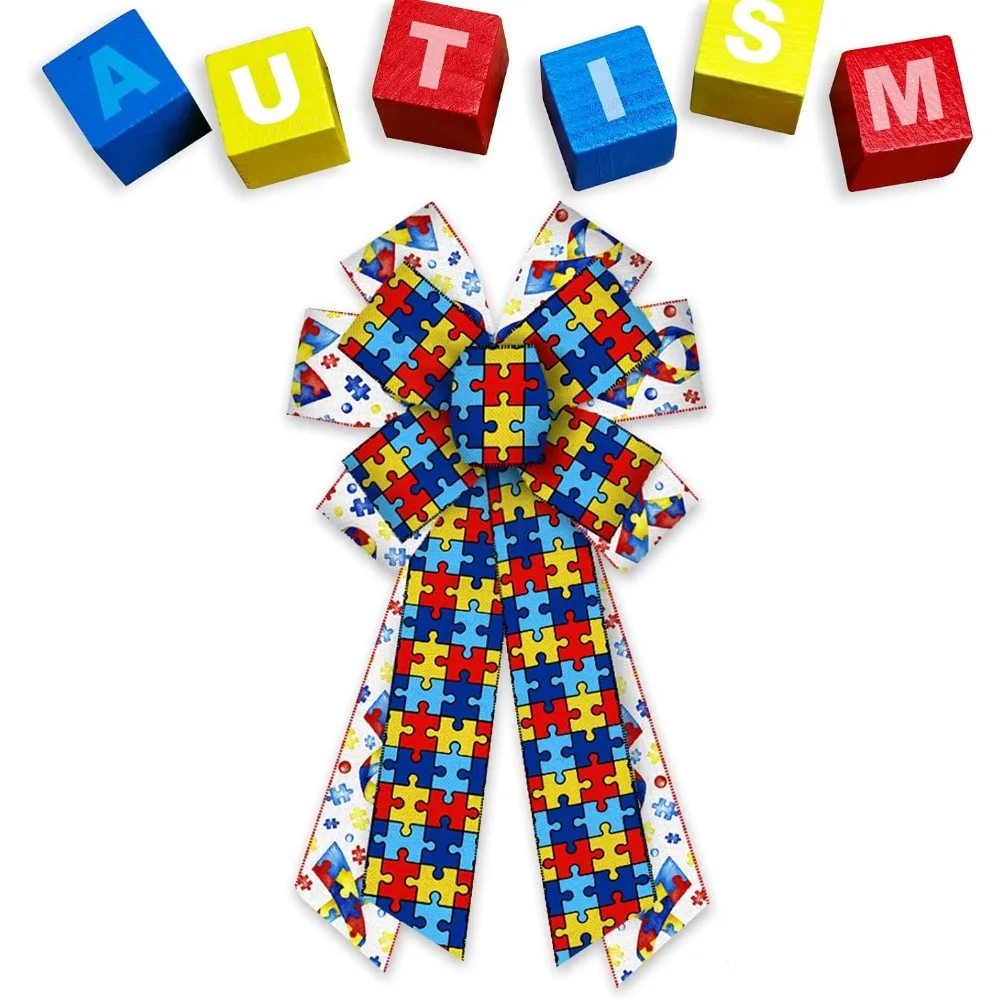 Autism Awareness Bows for Wreath, Multicolor Burlap Bows for Door Decor and Public Welfare Activities