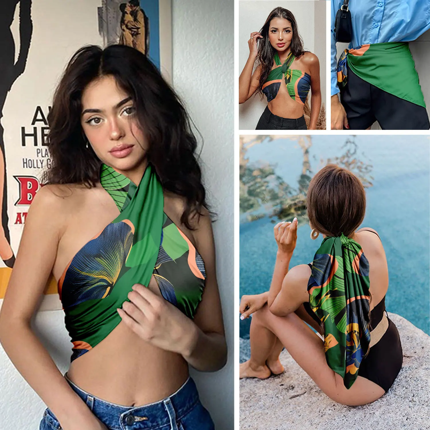 0384 Women's Floral Satin Scarf - Soft Silk-like Textured Headscarf, Often Wrapped in a Scarf