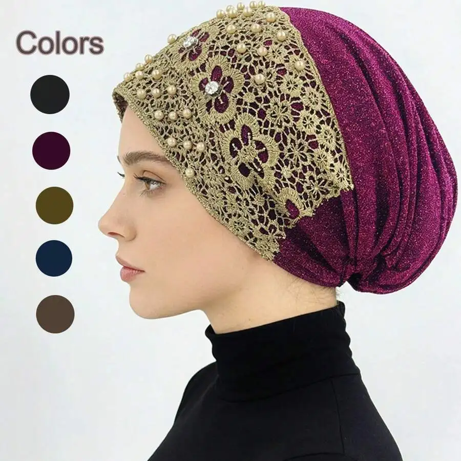 Beaded Lace Floral Headscarf Hat For Women Stylish Hair Cover Summer Beach Travel