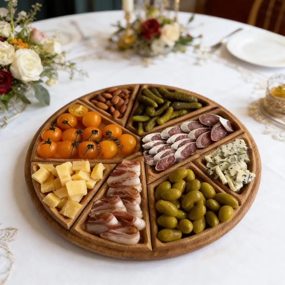Easy Clean Wood Tray Wood Divided Serving Tray 8-section Snack Platter Round Dessert Plate for Appetizers Dips Picnic Camping