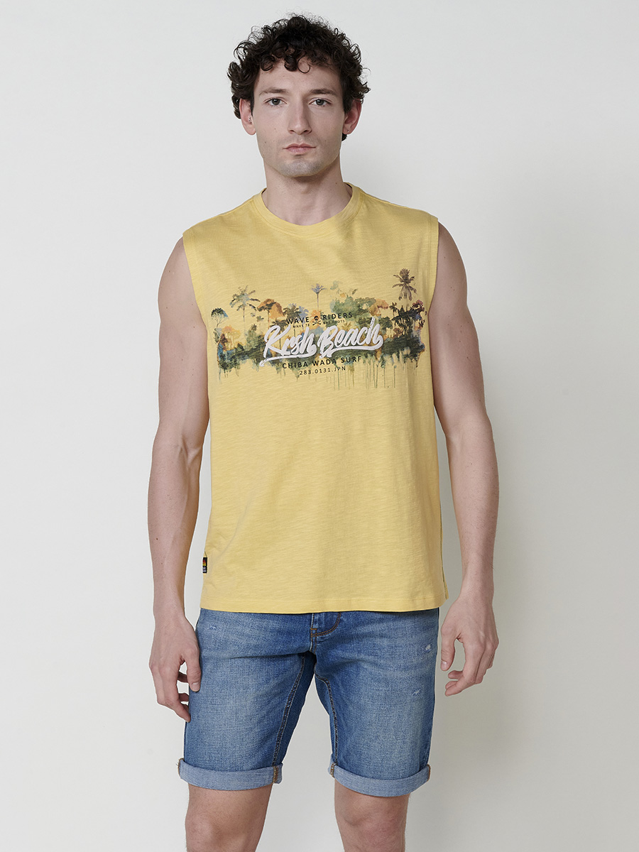 Koroshi - Camiseta sin mangas para hombre estilo boxing con sisa ancha y estampado playero 'Kush Beach' en 100% algodón, ideal para verano y looks informales