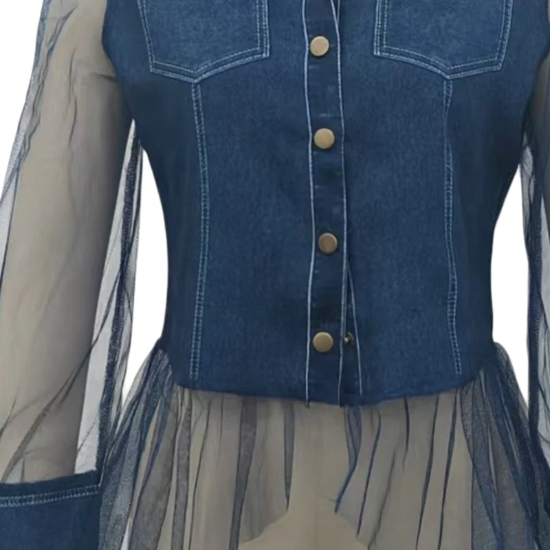 Imitation Denim Tops for Women,Long Sleeve Blouse, Faux Denim Mesh Hem Blouse, Slim Fit Casual Work Party Date Shirt