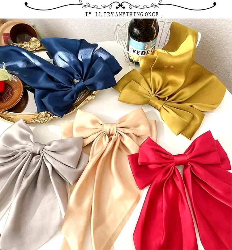 2026 New Korean Style Solid Satin Big Bow Spring Hair Clips, Smooth Ribbon Bow Hairpin Trendy Summer Head Accessories for Teen Girls Dating Vacation Outfit