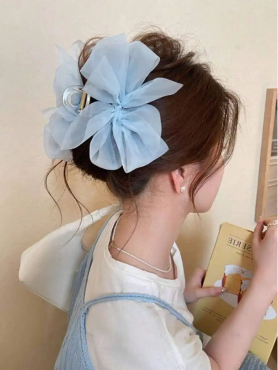 Light Blue Sheer Chiffon Oversized Bow Hair Claw For Women – Stylish Accessory For Everyday, Beach, Festival & Party Wear