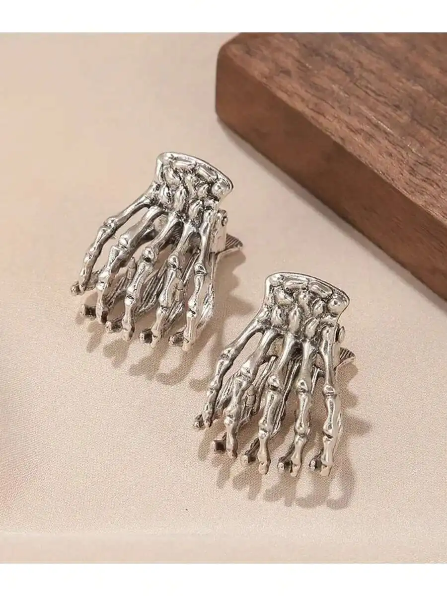 2 Pcs Gothic Punk Skeleton Hand Hair Claw Clips, Silver Metallic Mini Skull Bone Side Clips For Women Girls, Y2K Halloween Hair
