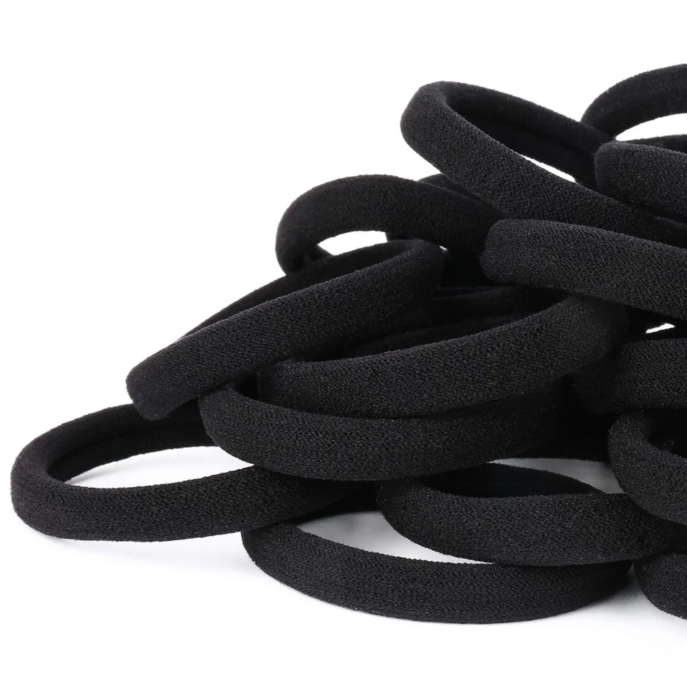 50PCS Black Hair Ties, Cotton Seamless Bands, Elastic Ponytail Holders, No Damage for Thick Hair, 2 Inch Diameter