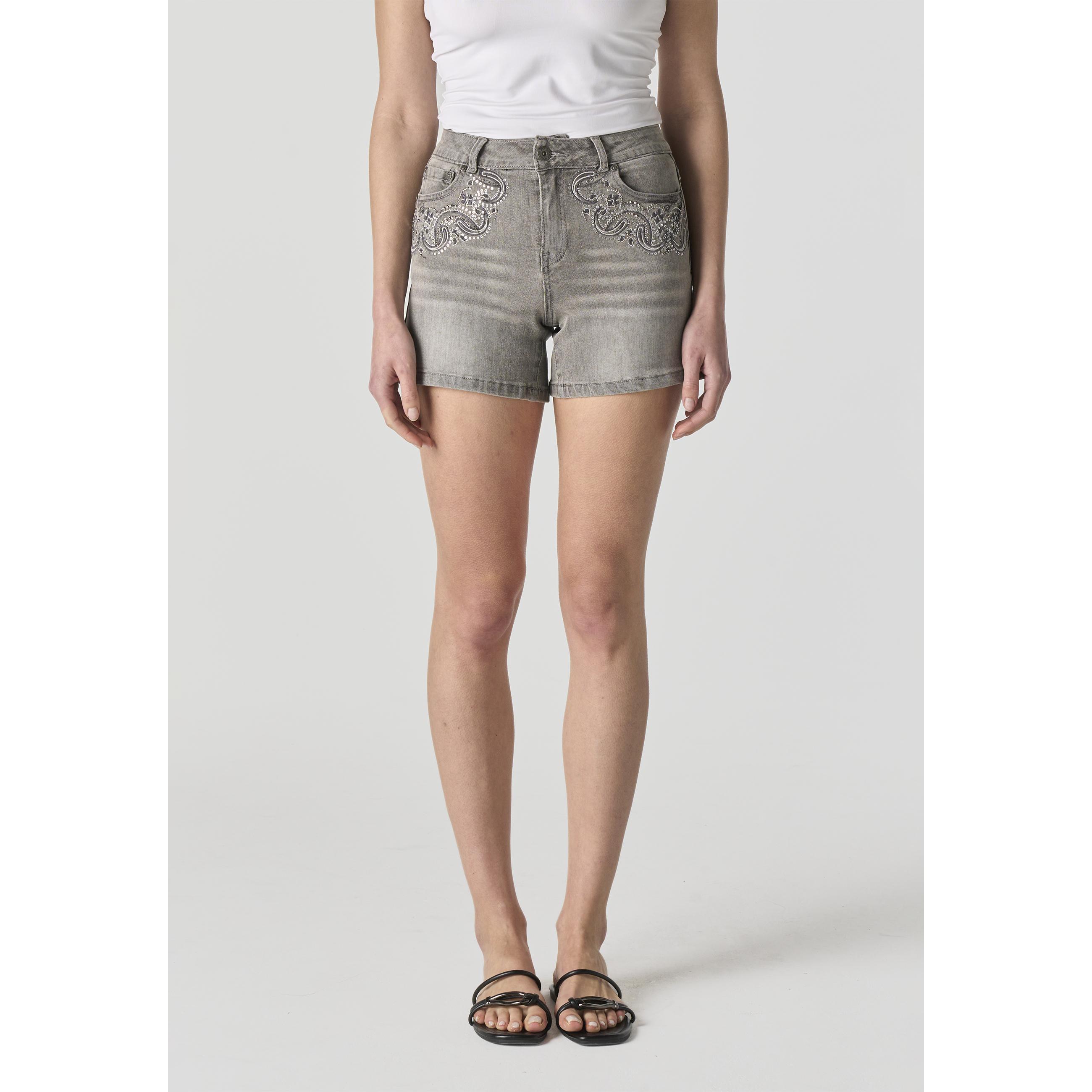 Koroshi - Pantalón corto vaquero bordado Koroshi Gris para mujer, de algodón y elastano con cintura media y brillos en bolsillos