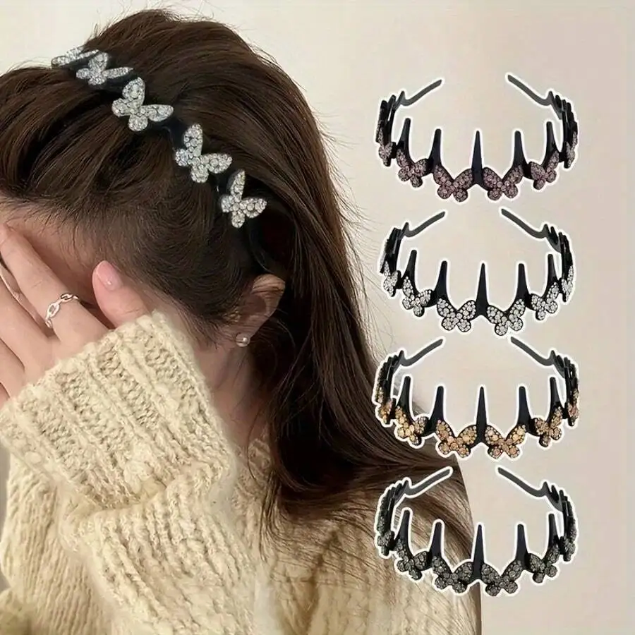 11pcs Elegant Wave Headband With Synthetic Zirconia Butterfly Decor, Non-Slip Plastic Hair Hoop Fashion Hair Accessories For