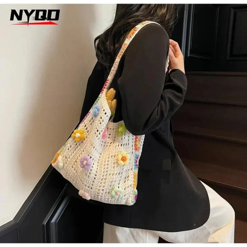 Women's Boho Crochet Bag Floral Crochet Handbag Vintage Multicolor Cut-out Knitted Fashionable Hollow Out Tote Shopper Bag