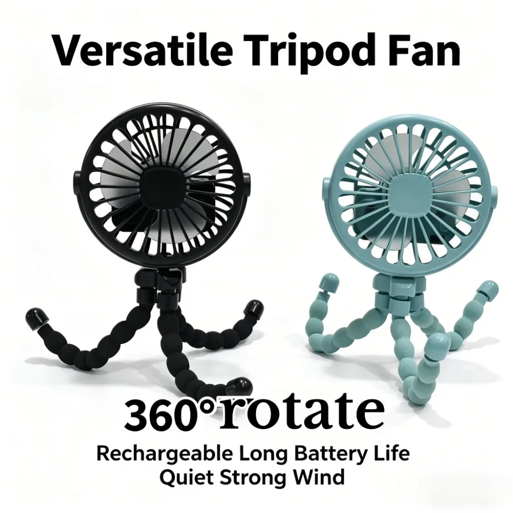 1pc 3 Speed Adjustable Octopus Tripod Stroller Fan,360° Rotation USB Rechargeable Portable Mini Cooling Fan,Strong Wind Quiet Handheld Desk Clip Fan for Baby Stroller,Camping,Bike,Car,Outdoor Travel B
