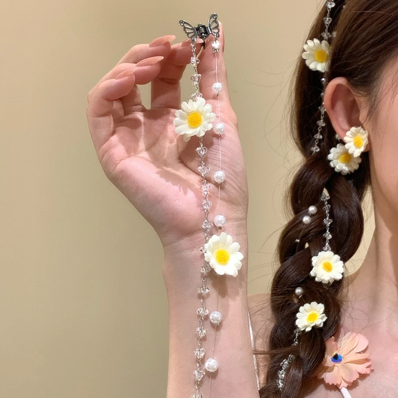 1pc Daisy & Pearl Hair Chain Set – Butterfly Clip + Floral Beaded Tassel for Braids, Boho Fairy Style Summer Photo Accessory
