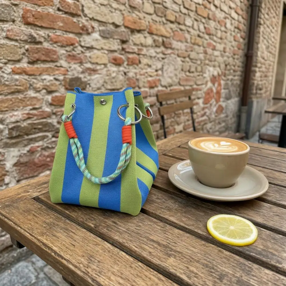 Striped Small Woven Handbag Lightweight Stylish Shoulder Bag Women Purse for Beach Vacation Casual Everyday Use
